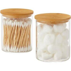 Glass Qtip Holder Dispenser with Bamboo Lid - 2 Pack Apothecary Jars